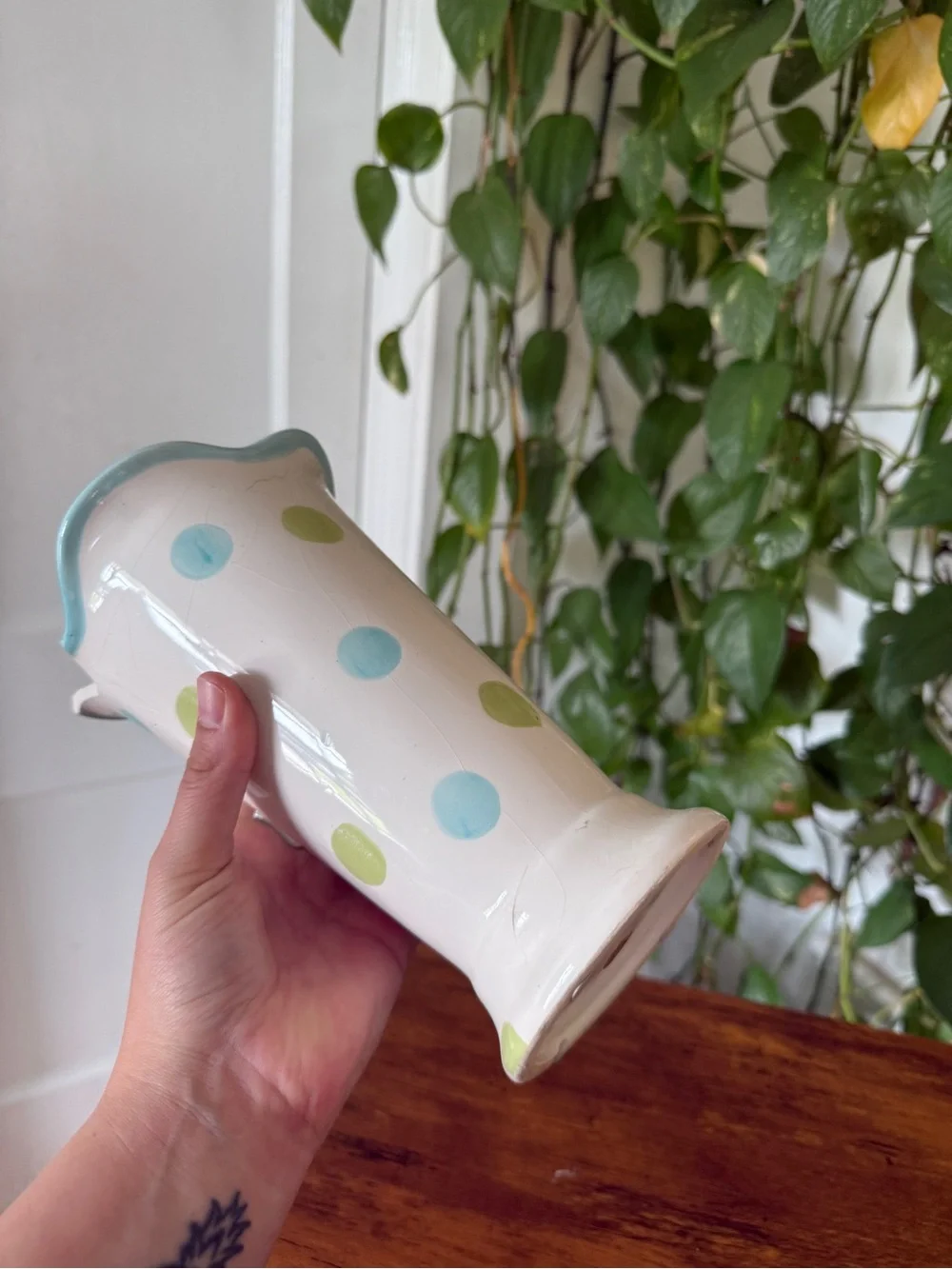 Hand-Painted Polka Dot Ceramic Vase in Blue and Green Baby shower elephant
